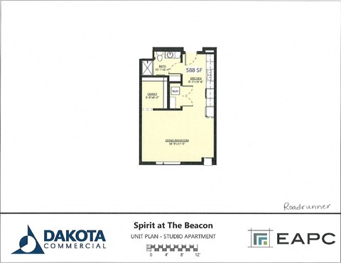 Floor plan for studio, 1 bath, 588 sqft