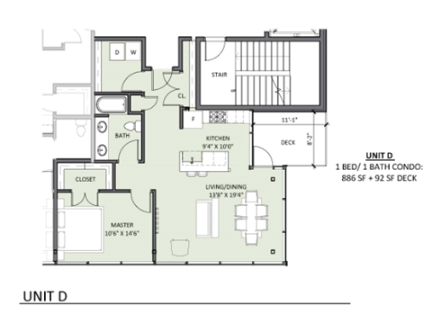 Floor plan for 1 bed, 1 bath, 886 sqft