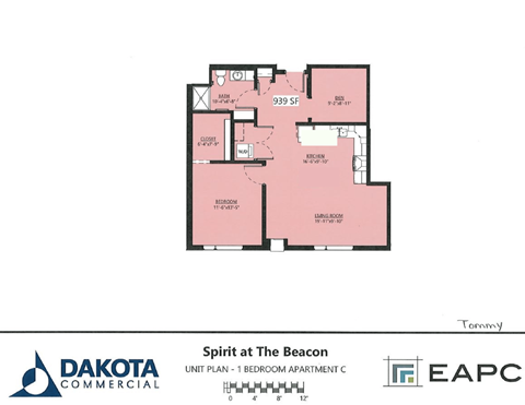 Floor plan for 1 bed, 1 bath, 906 sqft