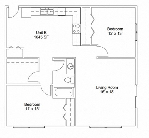 Floor plan for 2 beds, 1 bath, 1023 sqft