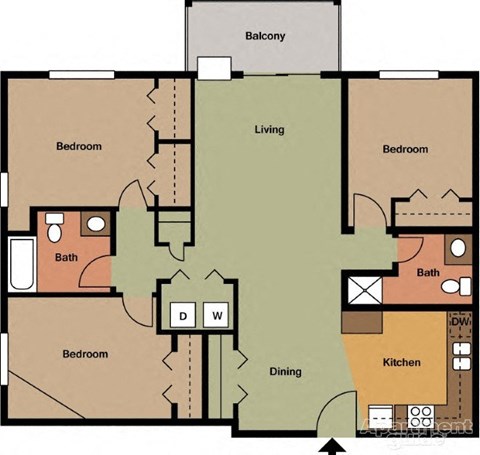 Floor plan for 3 beds, 2 baths, 1216 sqft