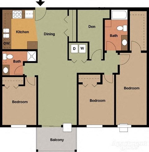 Floor plan for 3 beds, 2 baths, 1408 sqft