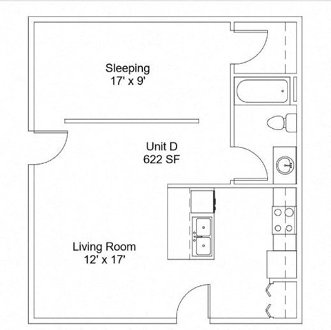 Floor plan for 1 bed, 1 bath, 825 sqft
