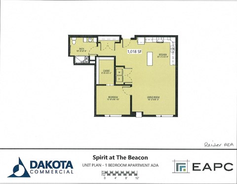 Floor plan for 1 bed, 1 bath, 1014 sqft