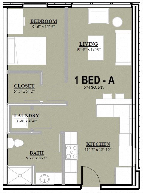 Floor plan for 1 bed, 1 bath, 574 sqft