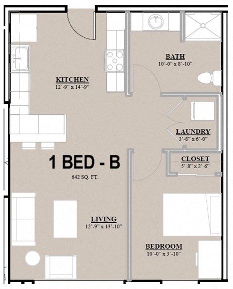 Floor plan for 1 bed, 1 bath, 642 sqft