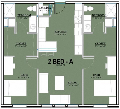 Floor plan for 2 beds, 2 baths, 901 sqft