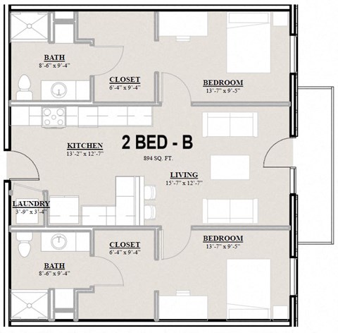 Floor plan for 2 beds, 2 baths, 894 sqft