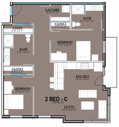 Floor plan for 2 beds, 2 baths, 1105 sqft