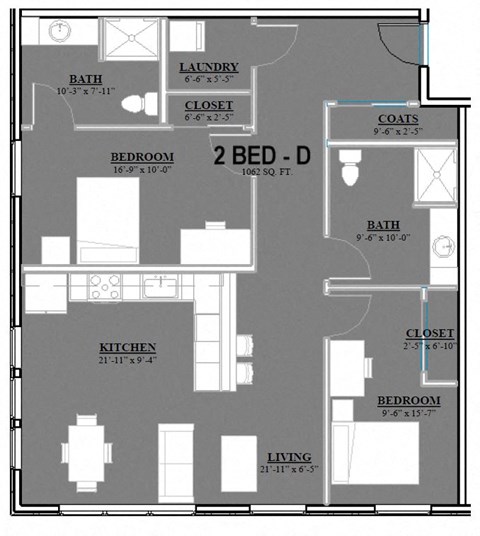 Floor plan for 2 beds, 2 baths, 1062 sqft