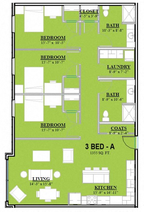 Floor plan for 3 beds, 2 baths, 1355 sqft