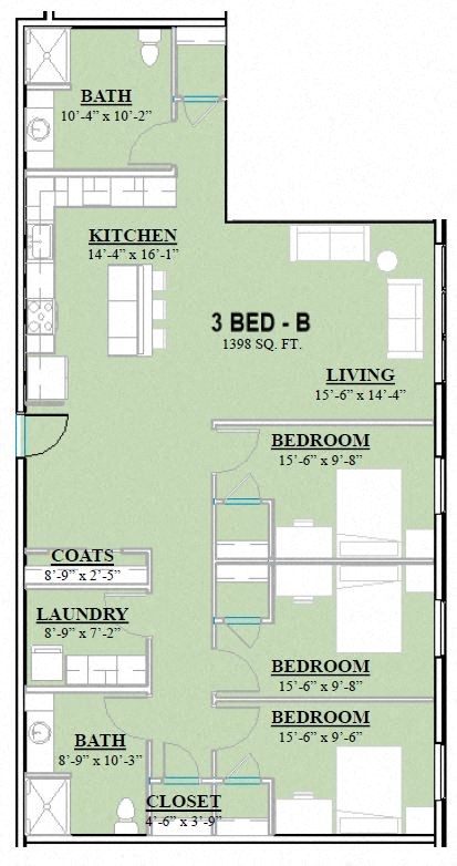 Floor plan for 3 beds, 2 baths, 1398 sqft