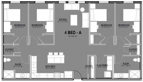 Floor plan for 4 beds, 2 baths, 1455 sqft