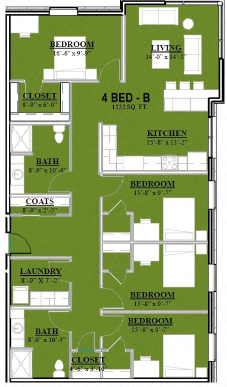 Floor plan for 4 beds, 2 baths, 1532 sqft