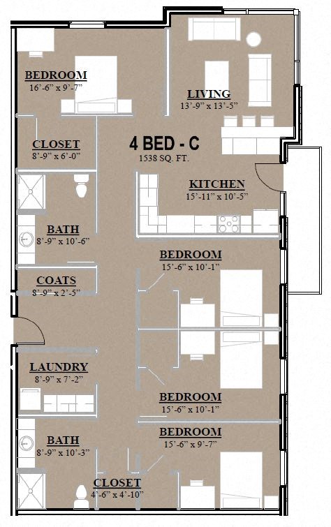 Floor plan for 4 beds, 2 baths, 1538 sqft