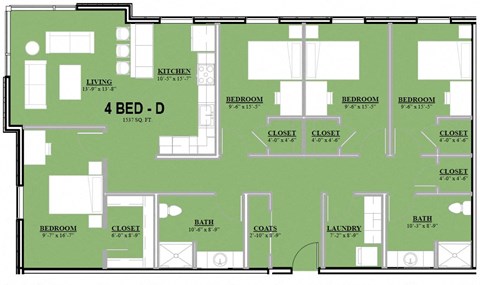 Floor plan for 4 beds, 2 baths, 1537 sqft