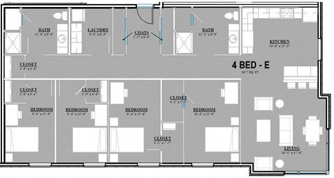 Floor plan for 4 beds, 2 baths, 1677 sqft