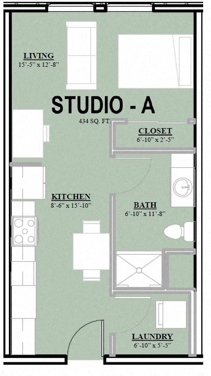 Floor plan for studio, 1 bath, 434 sqft