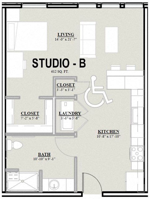Floor plan for studio, 1 bath, 612 sqft