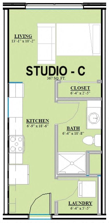 Floor plan for studio, 1 bath, 367 sqft