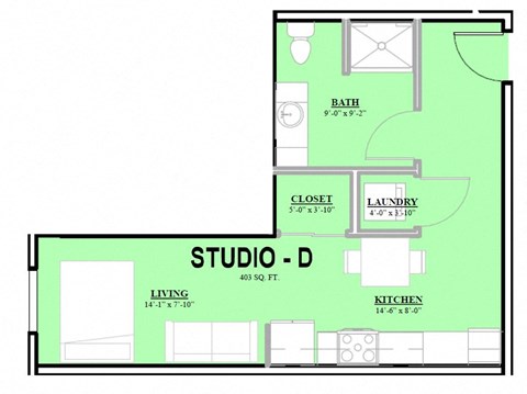 Floor plan for studio, 1 bath, 403 sqft