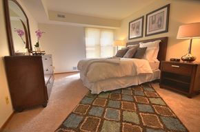 New Berlin apartment for rent - a bedroom with a bed and a dresser and a mirror