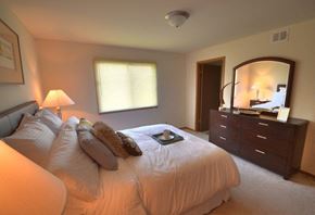 Waukesha apartment for rent - a bedroom with a bed and a dresser and a mirror