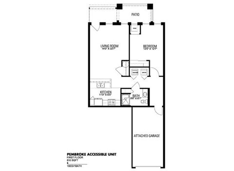 Floor plan for 1 bed, 1 bath, 810 sqft