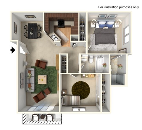 Floor plan for 2 beds, 2 baths, 939 sqft