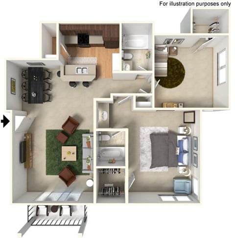 Floor plan for 2 beds, 2 baths, 1020 sqft