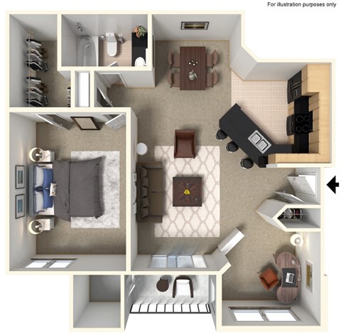 Floor plan for 1 bed, 1 bath, 830 sqft
