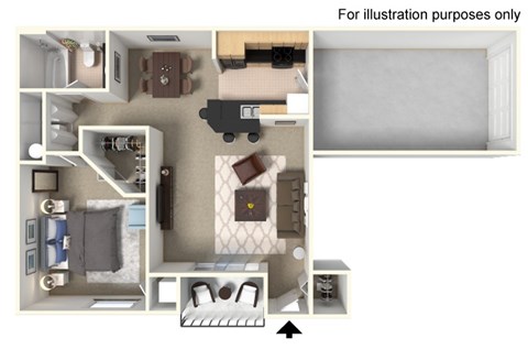 Floor plan for 1 bed, 1 bath, 845 sqft