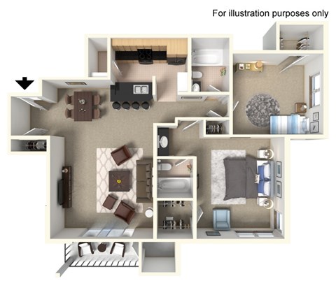 Floor plan for 2 beds, 2 baths, 1055 sqft