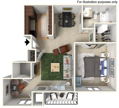 Floor plan for 1 bed, 1 bath, 719 sqft