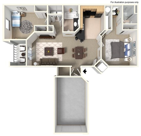 Floor plan for 2 beds, 2 baths, 1040 sqft
