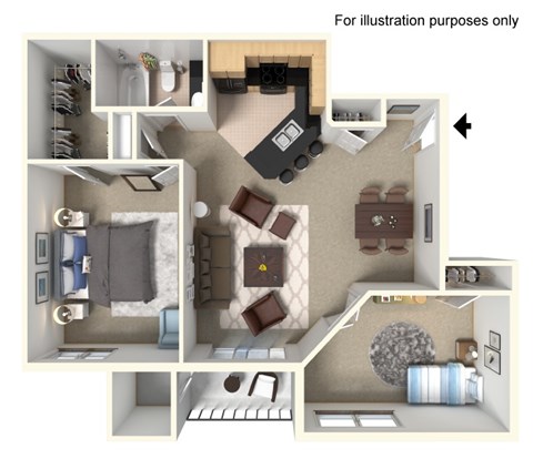 Floor plan for 1 bed, 1 bath, 912 sqft