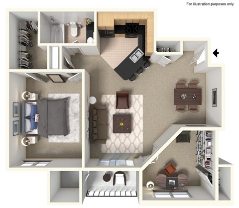 Floor plan for 1 bed, 1 bath, 865 sqft
