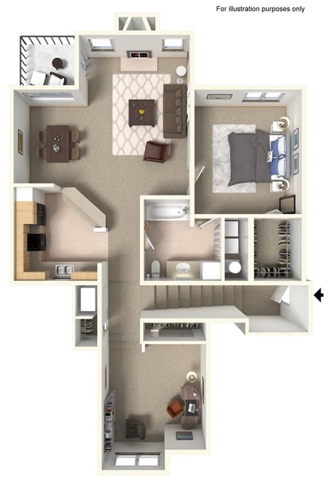 Floor plan for 1 bed, 1 bath, 1135 sqft