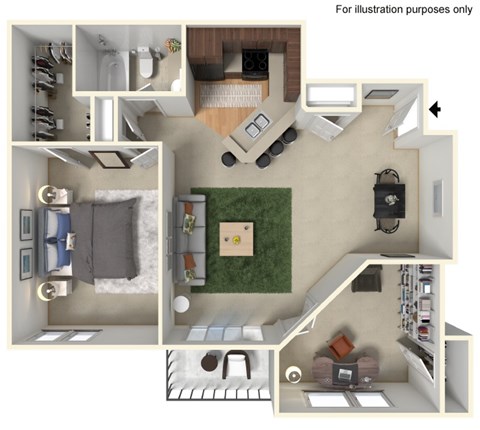 Floor plan for 1 bed, 1 bath, 865 sqft