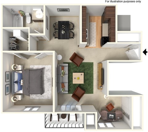 Floor plan for 1 bed, 1 bath, 750 sqft