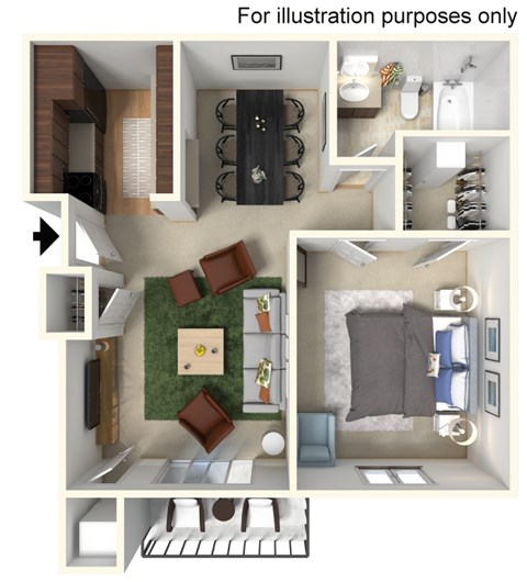 Floor plan for 1 bed, 1 bath, 632 sqft
