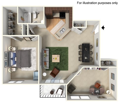 Floor plan for 1 bed, 1 bath, 912 sqft