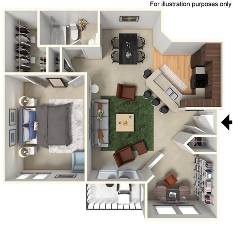 Floor plan for 1 bed, 1 bath, 829 sqft