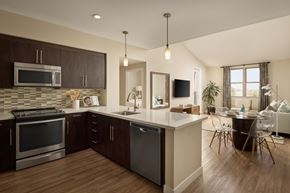 Laguna Hills apartment for rent - A modern kitchen with dark wood cabinets and stainless steel appliances.
