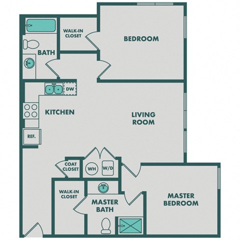 Floor plan for 2 beds, 2 baths, 969 sqft
