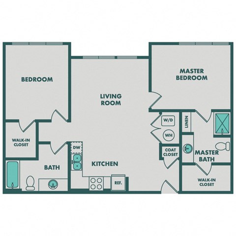 Floor plan for 2 beds, 2 baths, 976 sqft