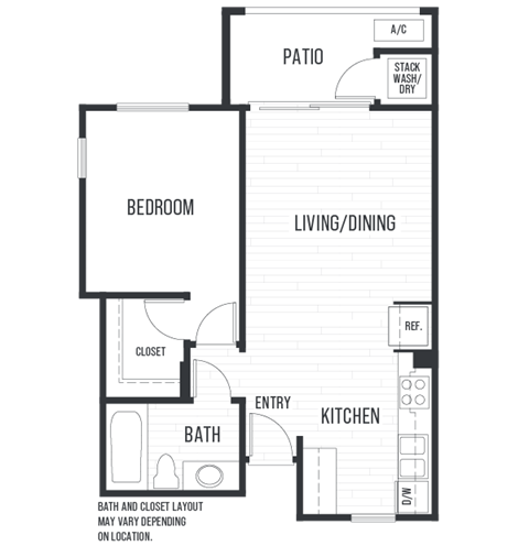 Floor plan for 1 bed, 1 bath, 597 sqft
