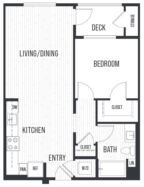 Floor plan for 1 bed, 1 bath, 742 sqft