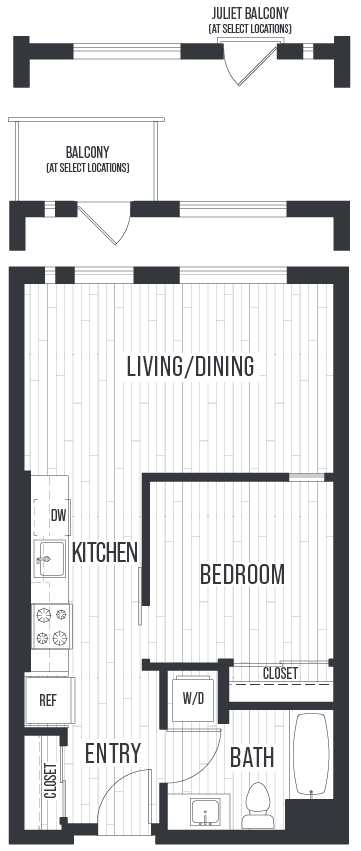 Floor plan for 1 bed, 1 bath, 610 sqft