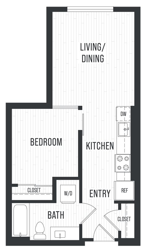 Floor plan for 1 bed, 1 bath, 632 sqft